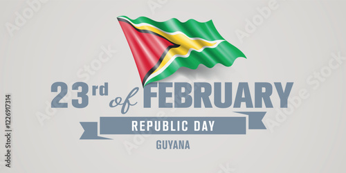 Guyana happy republic day greeting card, banner vector illustration. Guyanan national holiday 23rd of February design element with realistic flag