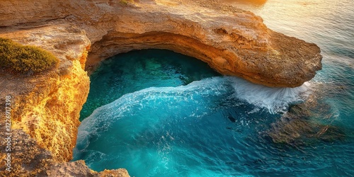 Majestic Coastal View Turquoise Water Against Golden Cliff photo