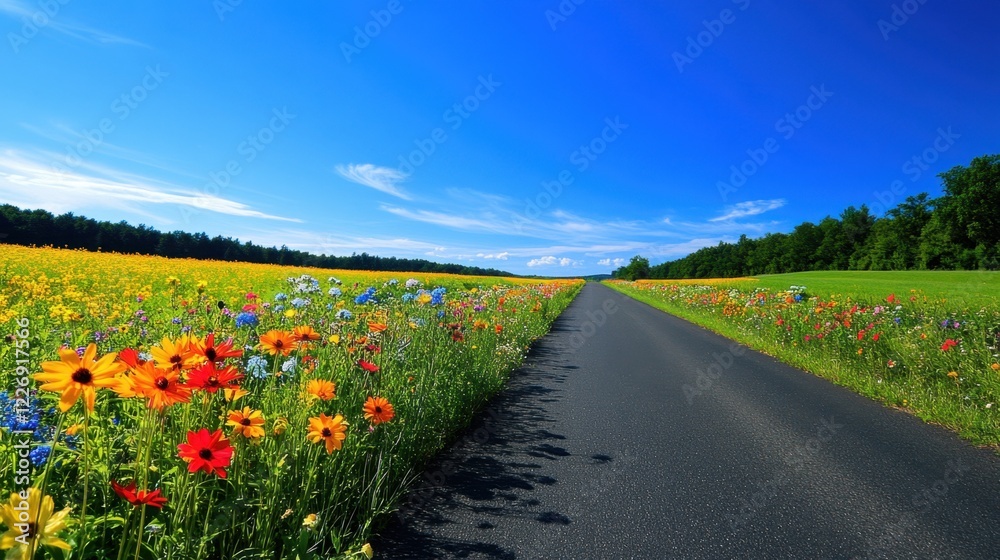 Naklejka premium A serene view of vibrant flowers blooming on both sides of a peaceful country road, with bright colors contrasting against the clear sky