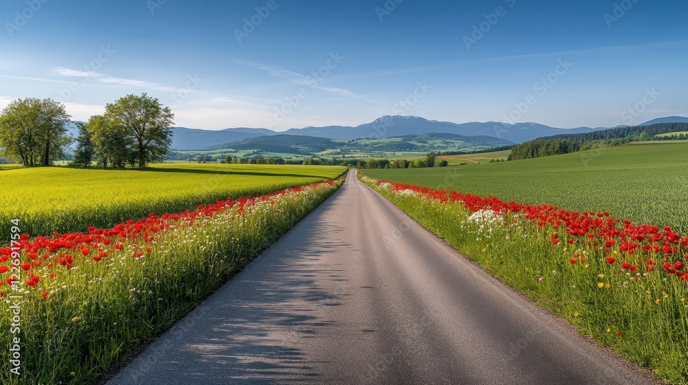 A serene view of vibrant flowers blooming on both sides of a peaceful country road, with bright colors contrasting against the clear sky A serene view of vibrant flowers blooming on both sides of a peaceful country road, with bright colors contrasting against the clear sky