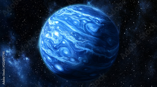 Blue space planet with atmosphere and layers. Game UI comic planet cartoon vector icon with water ocean or gas clouds waves. Alien galaxy fantastic world, fantasy moon or space artificial planet photo