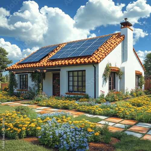 Wallpaper Mural Charming eco-friendly house with solar panels surrounded by vibrant flower garden and blue sky Torontodigital.ca