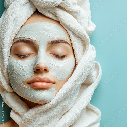 woman with facial mask relaxing, wrapped in towel, showcasing self care and beauty. Her serene expression highlights importance of skincare routines photo