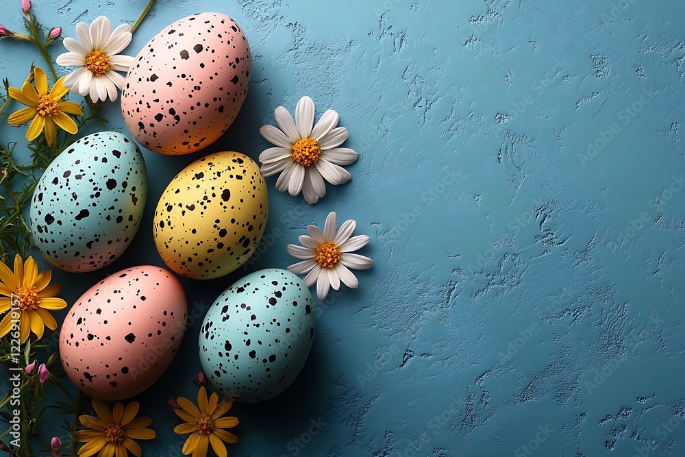 Obraz premium Happy Easter composition for easter design. Elegant Easter eggs and spring flowers on blue background. Flat lay, top view, copy space.