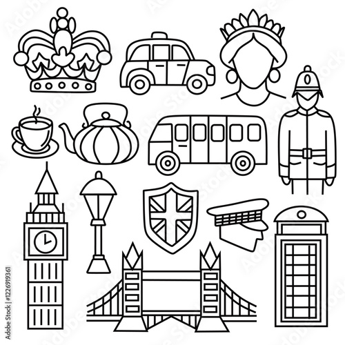 Set of great britain travel country vector icon. England national elements consisting of tea, queen, big ben clock, queen's guard, england lights, bridge, tower bridge london, crown and london bus