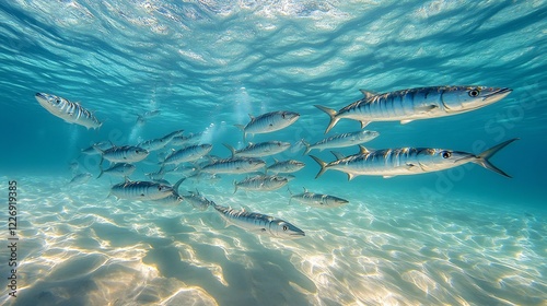 Dramatic school of barracudas swirling crystalclear tropical waters their sleek silver bodies reflecting sunlight as they move in perfect unison photo