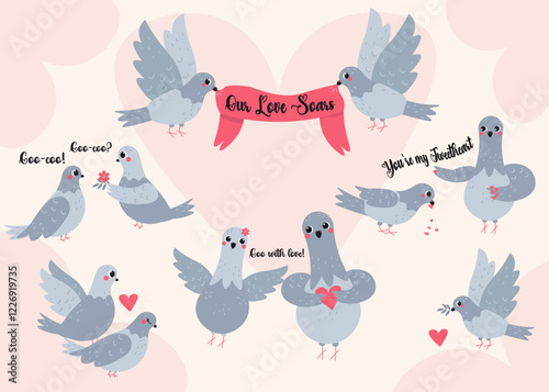 Flat-style illustration featuring a collection of adorable pigeons with Valentine's Day themes. Includes romantic messages, hearts, and banners. Perfect for greeting cards and decorations