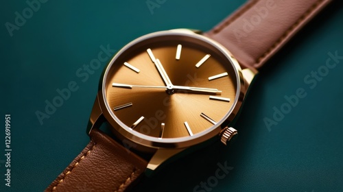 Wallpaper Mural Close-up of a gold watch with a leather band on a deep green background, showcasing fine craftsmanship. Torontodigital.ca