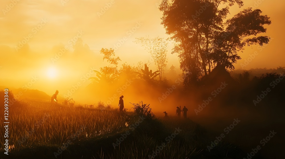 Golden sunset over a tranquil landscape, silhouettes of trees against an orange sky, peaceful and serene atmosphere. Golden sunset over a tranquil landscape, silhouettes of trees against an orange sky, peaceful and serene atmosphere.