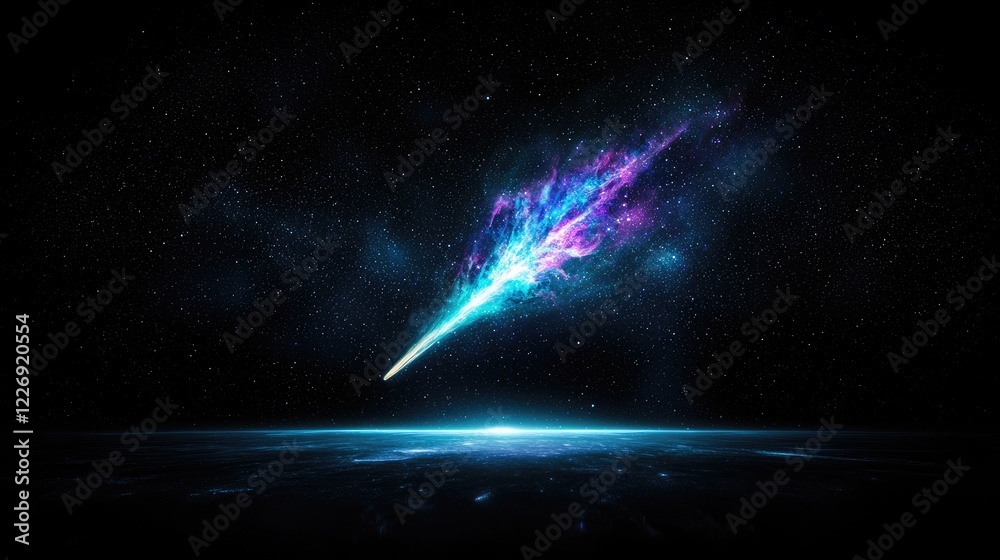 Comet streaking across night sky above planet; space, cosmic, science fiction backdrop Comet streaking across night sky above planet; space, cosmic, science fiction backdrop