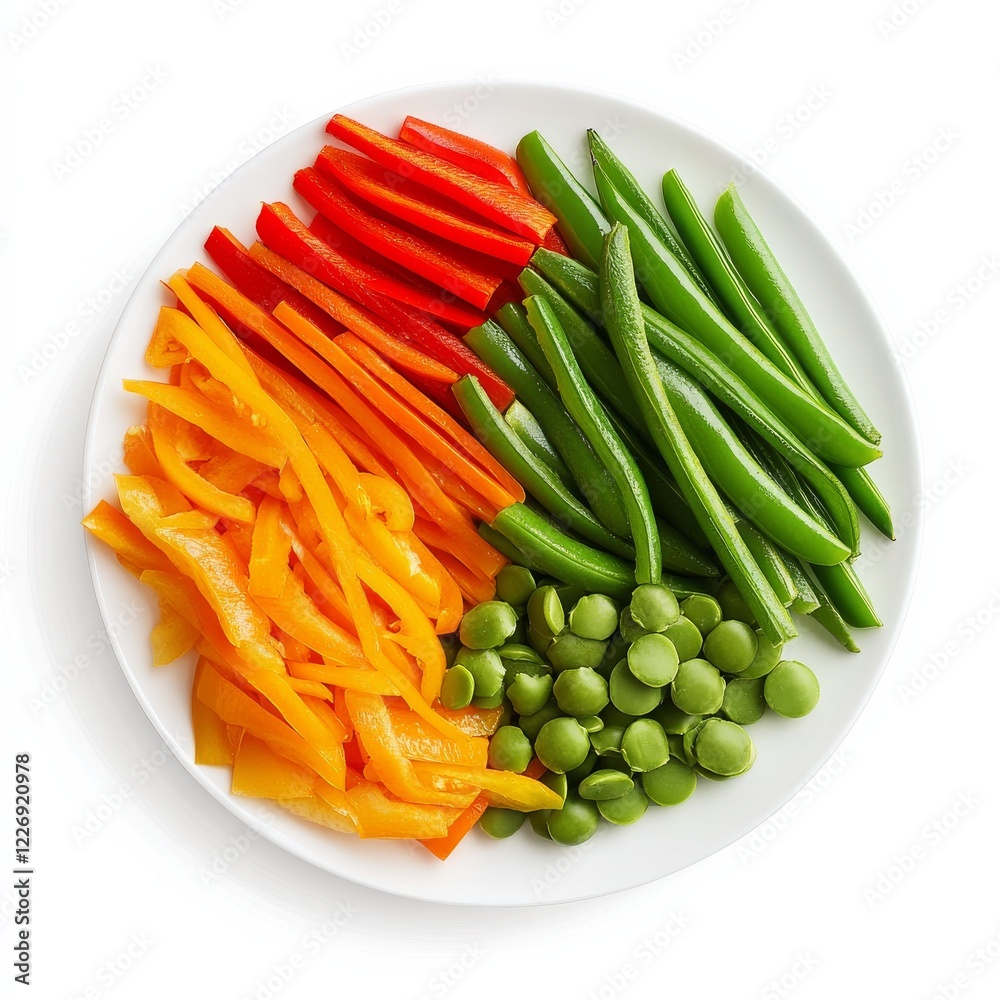 A crisp veggie platter with assorted bell pepper slices, carrot sticks, and snap peas A crisp veggie platter with assorted bell pepper slices, carrot sticks, and snap peas