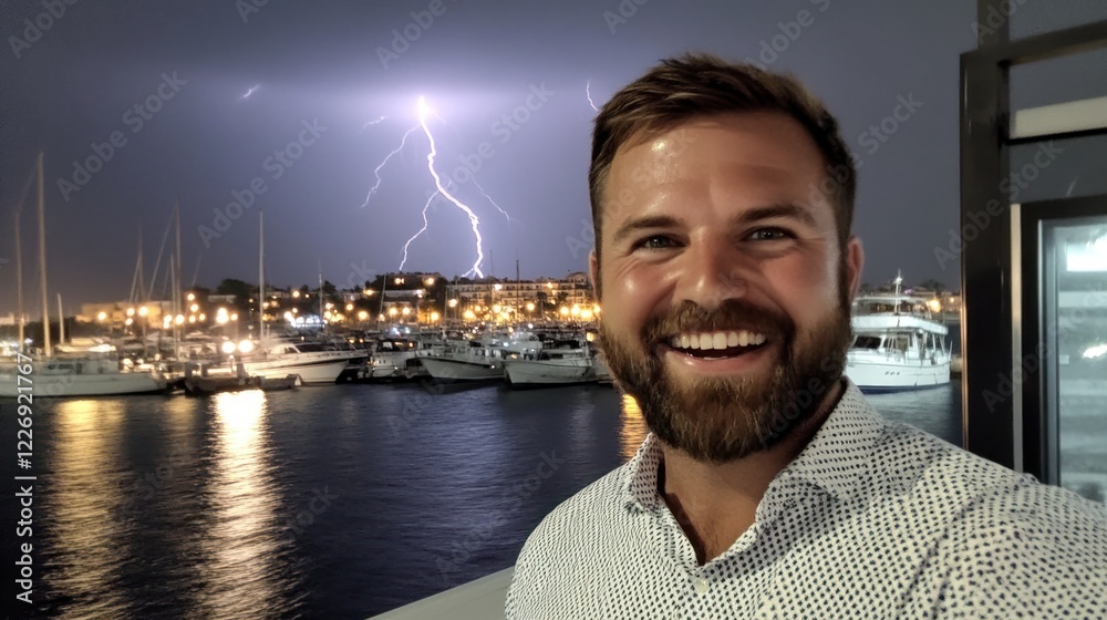 Man Smiles During a Nighttime Thunderstorm Over a Marina Man Smiles During a Nighttime Thunderstorm Over a Marina