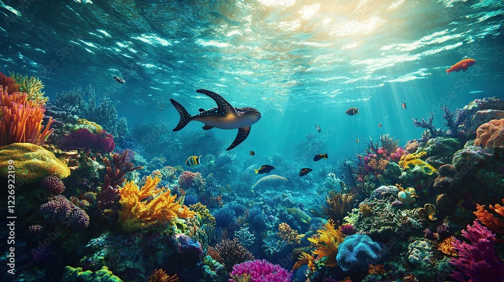 Fototapeta premium Shark swims above vibrant coral reef, sunlit ocean