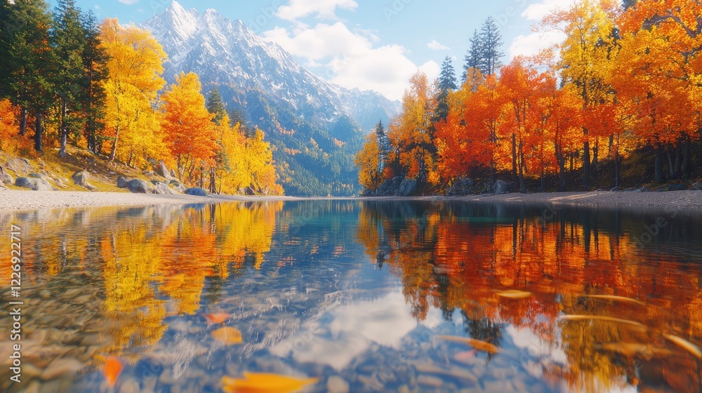 Obraz premium Autumn lake reflection, mountain view, colorful trees. Peaceful nature scene for travel brochures
