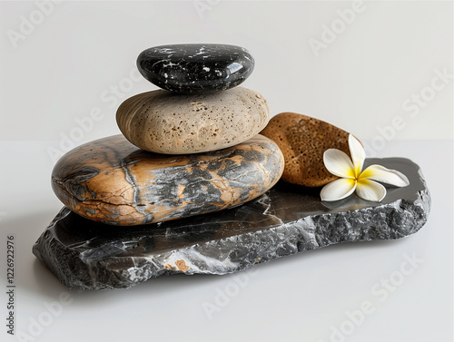 Natural stones stacked artfully with a flower accent on a serene background photo