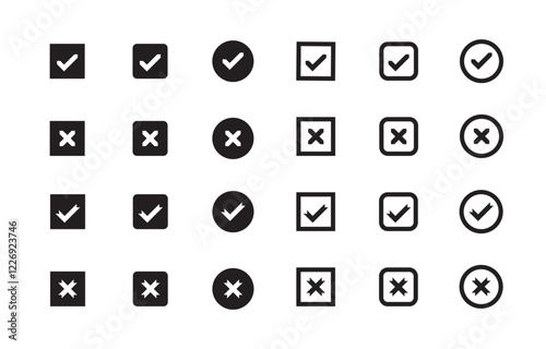 Black and White Comprehensive Collection of Checkmarks and Cross Symbols in Square and Circular Designs for Correct and Incorrect Indications photo