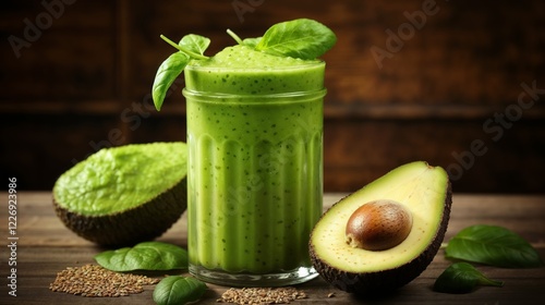 Healthy Green Smoothie in Glass Cup with Avocado and Herbs.Green Smoothie Recipe for Fitness Blogs. Health-conscious Drinks for Active Lifestyles.Fitness Journey. Healthy Living. Green Smoothie Benefi photo