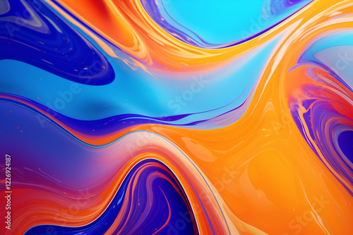Vibrant and abstract background featuring fluid art. Trendy neon gradient in orange with a marble effect in purple, orange and blue. A stylish backdrop for websites, postcards, and notebooks.