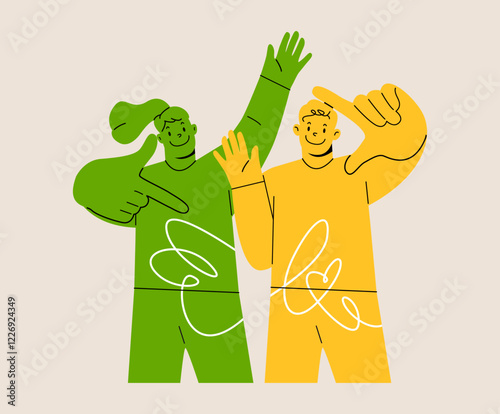 Man and woman show phot gesture with fingers for facial photograph. Colorful vector illustration