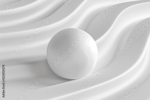 White sphere rests on textured white surface creating a minimalist and serene composition