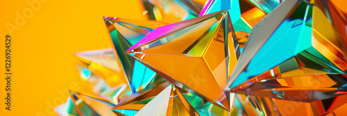 Collection of glossy, iridescent triangular prisms is arranged against a vivid yellow backdrop, reflecting a spectrum of colors with a predominant golden hue that creates a warm, illuminated effect.