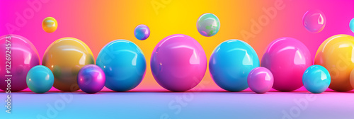 Colorful spheres with vibrant patterns and textures against a pink and blue gradient background