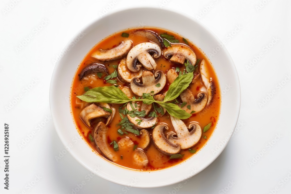 Mushroom Soup with Fresh Basil Leaves in Red Broth.Traditional Soup Recipe. Healthy, Home-Cooked Meal for Cozy Nights. Comfort Food. Warmth. Savory Flavors Mushroom Soup with Fresh Basil Leaves in Red Broth.Traditional Soup Recipe. Healthy, Home-Cooked Meal for Cozy Nights. Comfort Food. Warmth. Savory Flavors