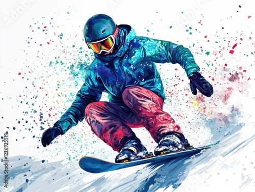 Dynamic Snowboarder Mountain Slopes Digital Artwork Vibrant Environment Aerial View Fauvist Style photo
