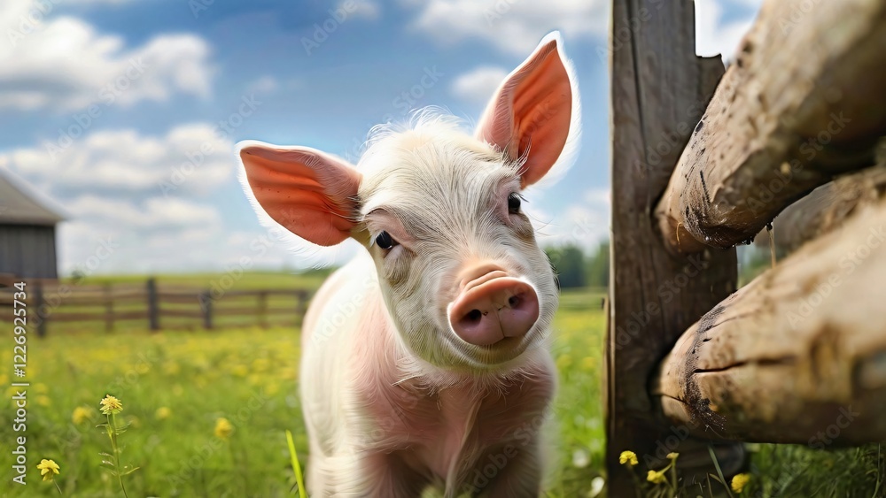 cute pink pig Grazing in a Meadow on a Summer Sunny Day: Illustration for National Farm Animals Day cute pink pig Grazing in a Meadow on a Summer Sunny Day: Illustration for National Farm Animals Day