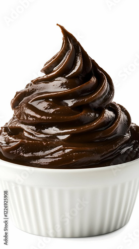 Swirled chocolate pudding, white bowl, studio photo