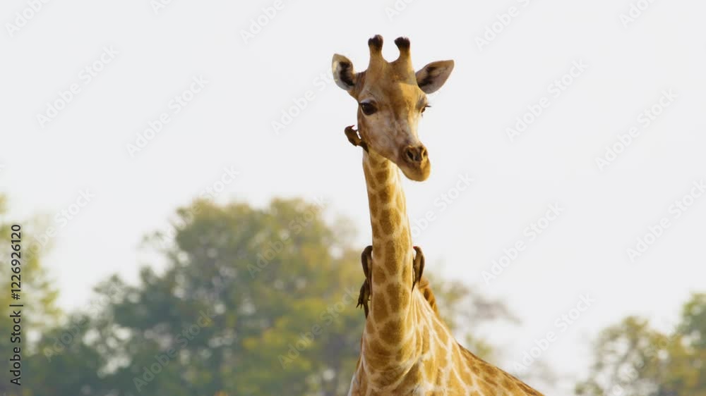 A close-up view of a Northern Giraffe's (Giraffa camelopardalis) coat, teeming with Oxpeckers (Buphagus spp.), as they land, crawl, and feed on parasites, showcasing a remarkable symbiotic relationshi