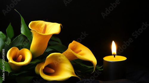 Funeral vector card with yellow calla flowers and burning candle. Sorrowful for death, loved always memory funerary card with floral bouquet decoration. lily blossoms on black mourning background photo