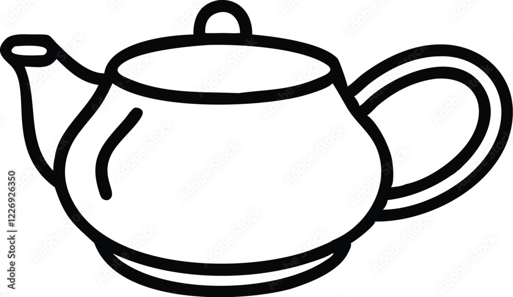 Obraz premium Simple line drawing, teapot outline, black and white illustration, minimalist design, rounded shape, curved spout, circular handle, smooth contours, single continuous line, clean graphic style, iconic