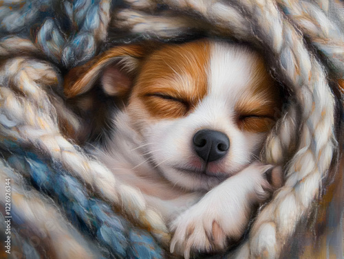 Sleeping Puppy in Knit Blanket: An adorable chihuahua puppy, nestled in a cozy, chunky knit blanket, sleeps soundly with its eyes closed and paws tucked neatly. The image evokes feelings of warmth.