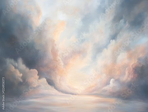 Celestial Dreamscape: An ethereal painting of a breathtaking sky, filled with soft pastel hues of clouds and a warm, golden glow on the horizon.  The artwork evokes a sense of tranquility and wonder.
