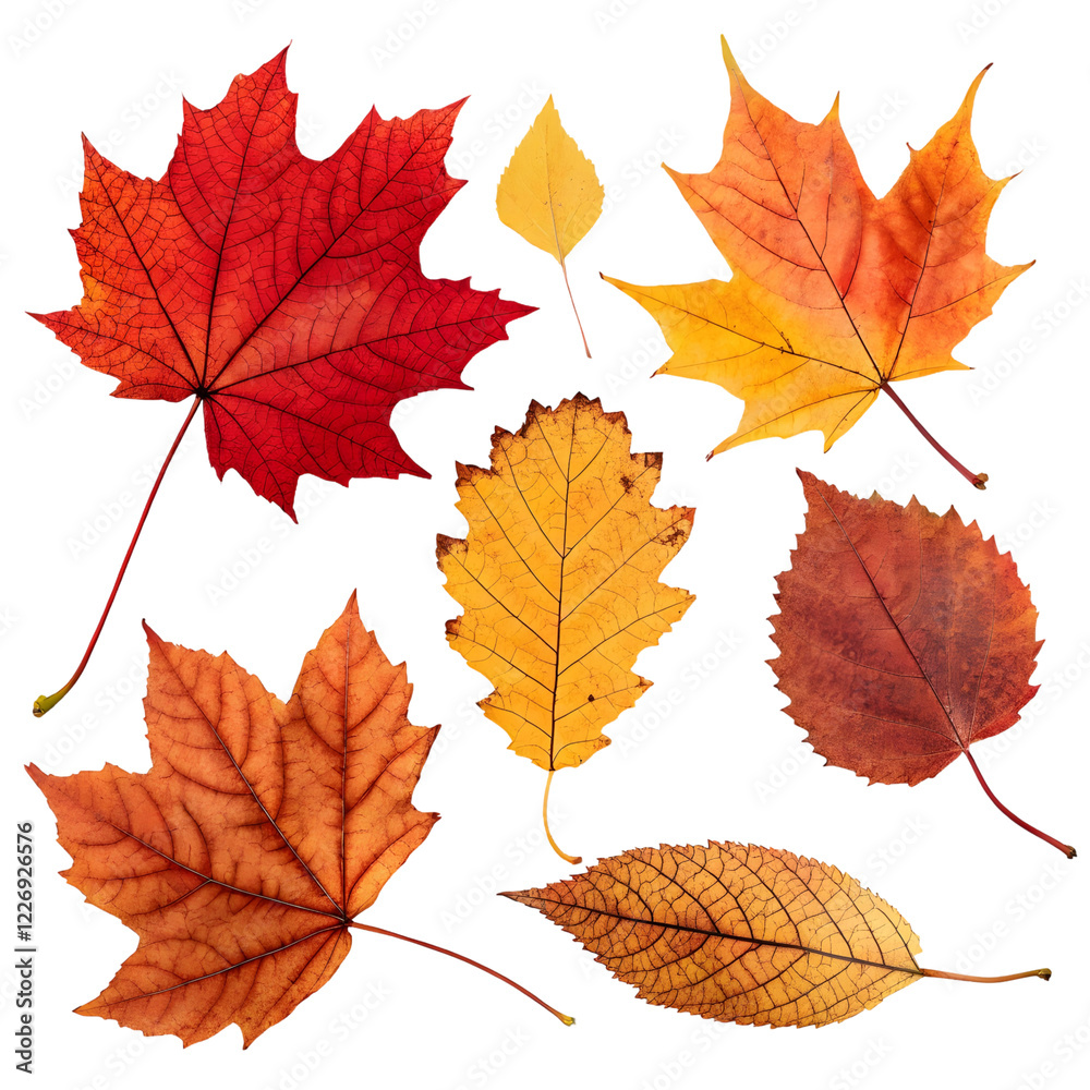 Colorful autumn leaves scattered on a white background showcasing vibrant shades of red, orange, and yellow Colorful autumn leaves scattered on a white background showcasing vibrant shades of red, orange, and yellow