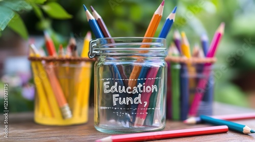 Education Fund Jar with Colorful Pencils Displayed