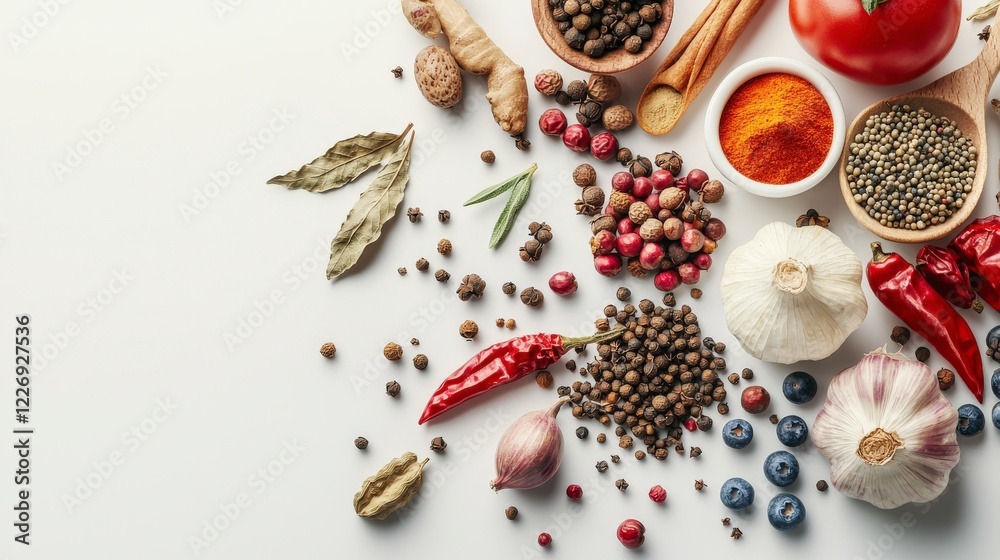 Obraz premium Artfully arranged spices on white surface kitchen food photography minimalist style topdown view culinary inspiration