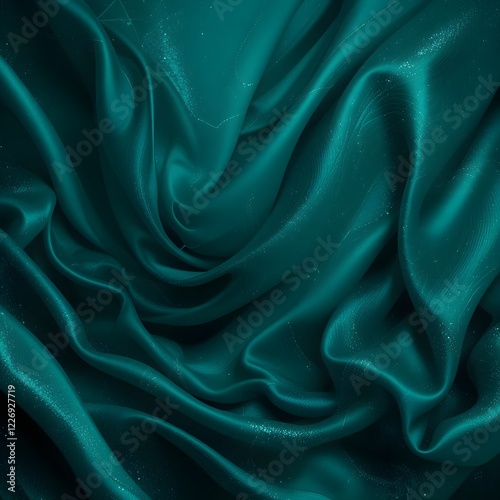 Lujoso fondo verde azulado oscuro. Textura satinada de seda. Detalles brillantes y brillantes. Acentos esmeralda. Patrones abstractos de ondas y rayas. Cortinas elegantes. Espacio en blanco.