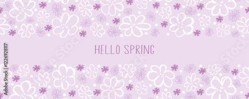 Hello  Spring. Trendy floral template with hand drawn spring flowers. Great for seasonal posters, greeting cards, banners or invitations.