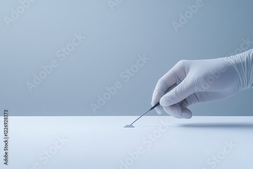 gloved hand using tweezers to place single microchip with embedded circuits for cell therapies
