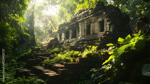 Ancient ruins enveloped by lush greenery, serene sunlight filtering through leaves, perfect for adventure or travel themes. photo