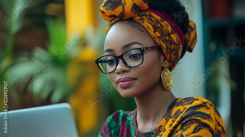 Focused Woman in Headwrap Working on Laptop in Cafe photo