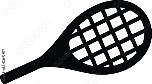 Tennis racket, black silhouette, sports equipment, grid pattern, curved handle, minimalist design, flat vector illustration, iconic shape, athletic gear, monochrome, clean lines, racquet sports, simpl