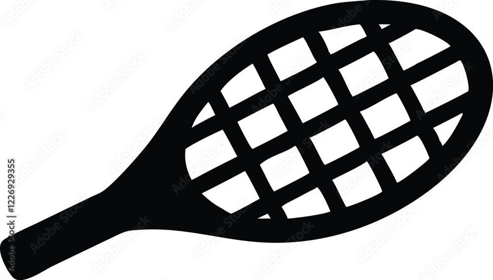 Tennis racket, black silhouette, sports equipment, grid pattern, curved handle, minimalist design, flat vector illustration, iconic shape, athletic gear, monochrome, clean lines, racquet sports, simpl Tennis racket, black silhouette, sports equipment, grid pattern, curved handle, minimalist design, flat vector illustration, iconic shape, athletic gear, monochrome, clean lines, racquet sports, simpl