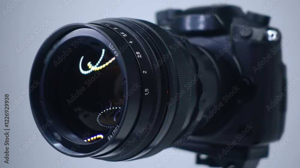 A professional camera on a tripod with an expensive lens with an aperture of 1.5 and a focal length of 85 mm, which reflects the ring LED light. Closeup. Macro