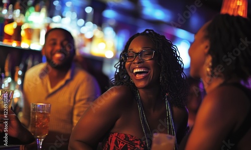 Joyful African American Adults Celebrating at a Bar, Laughing and Drinking, Vibrant Party Atmosphere, Nightlife, Socializing with Friends, Happiness, Laughter, Fun, Upscale Bar Setting, Relaxation, 