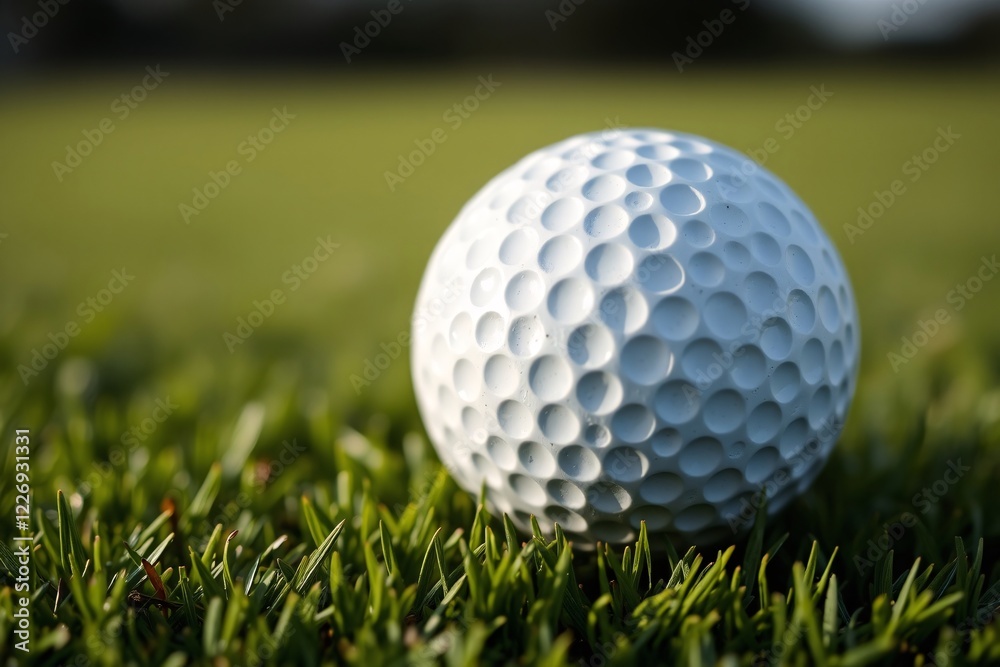 Golf ball resting on lush green grass, showcasing its dimples and smooth surface in sunlight. Golf ball resting on lush green grass, showcasing its dimples and smooth surface in sunlight.
