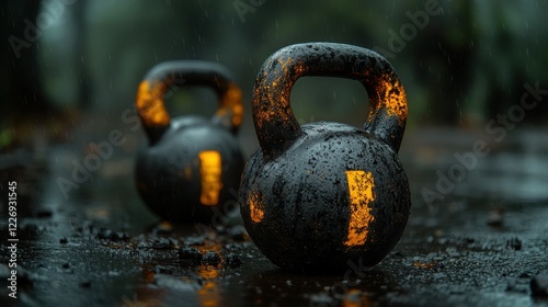 Rainy forest workout; wet kettlebells photo