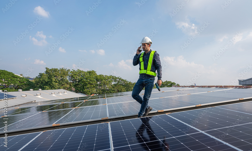 Engineer service check installation solar cell on the roof of factory. Silhouette technician inspection and repair solar cell on the roof of factory. Technology solar energy renewable. Engineer service check installation solar cell on the roof of factory. Silhouette technician inspection and repair solar cell on the roof of factory. Technology solar energy renewable.